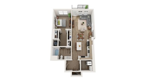 Floor plan for 1 bed, 1 bath, 877 sqft
